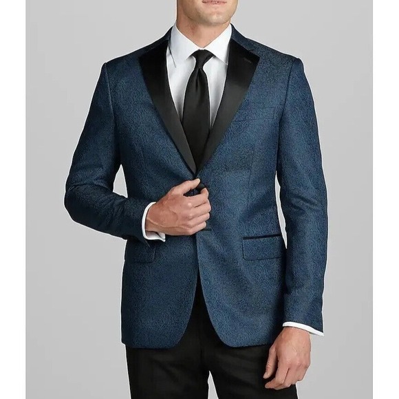 Jos A Bank Men's 44R Formal Dinner Jacket Blue Paisley Blazer Tuxedo Sport Coat - Picture 2 of 15
